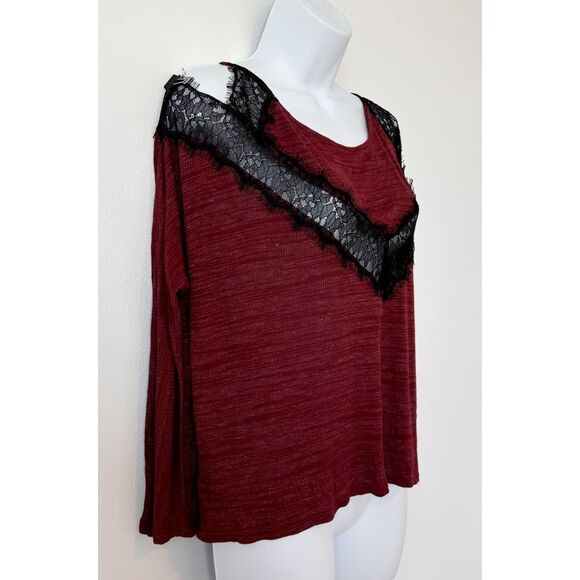 Pins & Needles Cold Shoulder Mixed Media Burgundy Lace Top Womens Medium - Picture 5 of 11